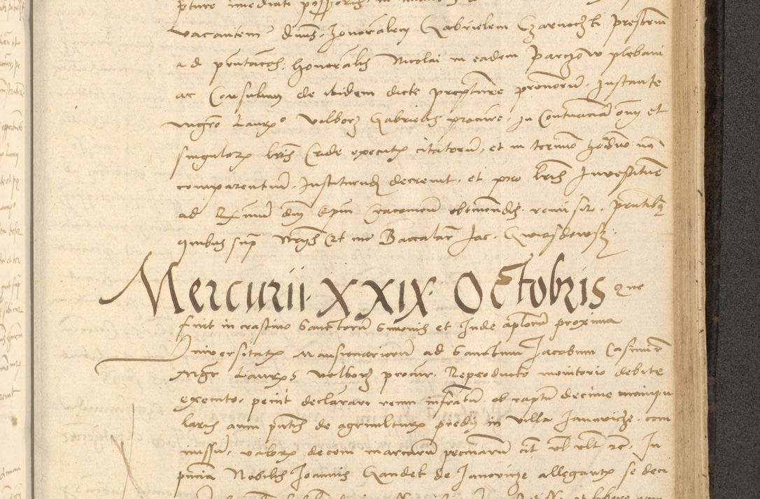 Zdjęcie nr 656 dla obiektu archiwalnego: Acta actorum causarum, sentenciarum et obligationum coram reverendo patre domino Thoma Roznowski canonico et reverendissimi in Christo patris et domini domini Patri Dei gratia Cracoviensis. Sabbato, 26 Octobris in ecclesiam suam solenniter recepti officialis generalis Cracoviensis dinita administratura, qua fungebatur post mortem reverendissimi olim felicis recordationis domini Joannis Choiecki episcopi Cracoviensis et Regni Polonie cancelarii anno presenti currenti videlicet 1538, die 11 Marcii Piotrcovie in comiciis celebratis circiter 23 horam defuncti sepulto corpore nona eiusdemque obsequiis X respective Aprilis peractis electo sub indictione XI, pontificatu vero sanctissimi in Christo patris et domini nostri domini Pauli divina providencia pape tercii foeliciter moderni, anno quarto, incepta felicibus auspiciis continuantur ordine processu infrascripto