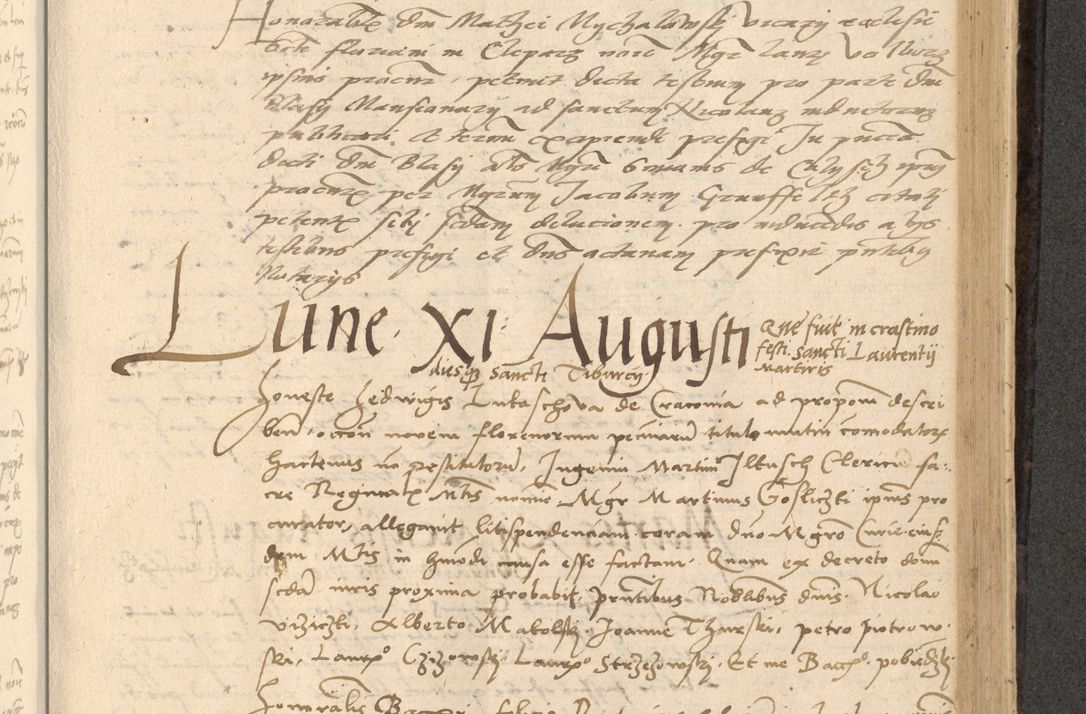 Zdjęcie nr 520 dla obiektu archiwalnego: Acta actorum causarum, sentenciarum et obligationum coram reverendo patre domino Thoma Roznowski canonico et reverendissimi in Christo patris et domini domini Patri Dei gratia Cracoviensis. Sabbato, 26 Octobris in ecclesiam suam solenniter recepti officialis generalis Cracoviensis dinita administratura, qua fungebatur post mortem reverendissimi olim felicis recordationis domini Joannis Choiecki episcopi Cracoviensis et Regni Polonie cancelarii anno presenti currenti videlicet 1538, die 11 Marcii Piotrcovie in comiciis celebratis circiter 23 horam defuncti sepulto corpore nona eiusdemque obsequiis X respective Aprilis peractis electo sub indictione XI, pontificatu vero sanctissimi in Christo patris et domini nostri domini Pauli divina providencia pape tercii foeliciter moderni, anno quarto, incepta felicibus auspiciis continuantur ordine processu infrascripto