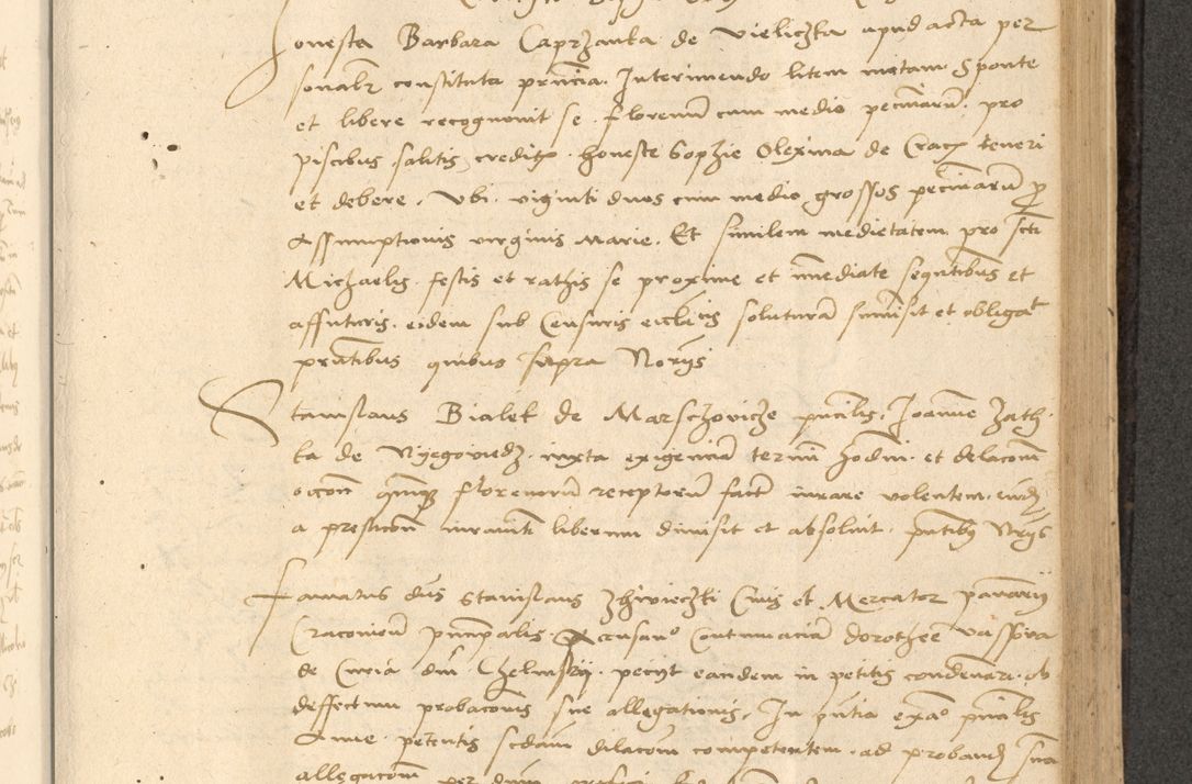 Zdjęcie nr 430 dla obiektu archiwalnego: Acta actorum causarum, sentenciarum et obligationum coram reverendo patre domino Thoma Roznowski canonico et reverendissimi in Christo patris et domini domini Patri Dei gratia Cracoviensis. Sabbato, 26 Octobris in ecclesiam suam solenniter recepti officialis generalis Cracoviensis dinita administratura, qua fungebatur post mortem reverendissimi olim felicis recordationis domini Joannis Choiecki episcopi Cracoviensis et Regni Polonie cancelarii anno presenti currenti videlicet 1538, die 11 Marcii Piotrcovie in comiciis celebratis circiter 23 horam defuncti sepulto corpore nona eiusdemque obsequiis X respective Aprilis peractis electo sub indictione XI, pontificatu vero sanctissimi in Christo patris et domini nostri domini Pauli divina providencia pape tercii foeliciter moderni, anno quarto, incepta felicibus auspiciis continuantur ordine processu infrascripto