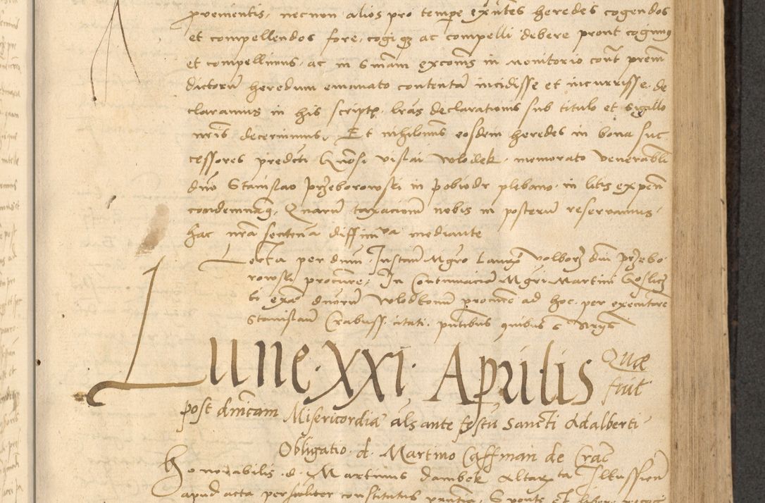 Zdjęcie nr 310 dla obiektu archiwalnego: Acta actorum causarum, sentenciarum et obligationum coram reverendo patre domino Thoma Roznowski canonico et reverendissimi in Christo patris et domini domini Patri Dei gratia Cracoviensis. Sabbato, 26 Octobris in ecclesiam suam solenniter recepti officialis generalis Cracoviensis dinita administratura, qua fungebatur post mortem reverendissimi olim felicis recordationis domini Joannis Choiecki episcopi Cracoviensis et Regni Polonie cancelarii anno presenti currenti videlicet 1538, die 11 Marcii Piotrcovie in comiciis celebratis circiter 23 horam defuncti sepulto corpore nona eiusdemque obsequiis X respective Aprilis peractis electo sub indictione XI, pontificatu vero sanctissimi in Christo patris et domini nostri domini Pauli divina providencia pape tercii foeliciter moderni, anno quarto, incepta felicibus auspiciis continuantur ordine processu infrascripto