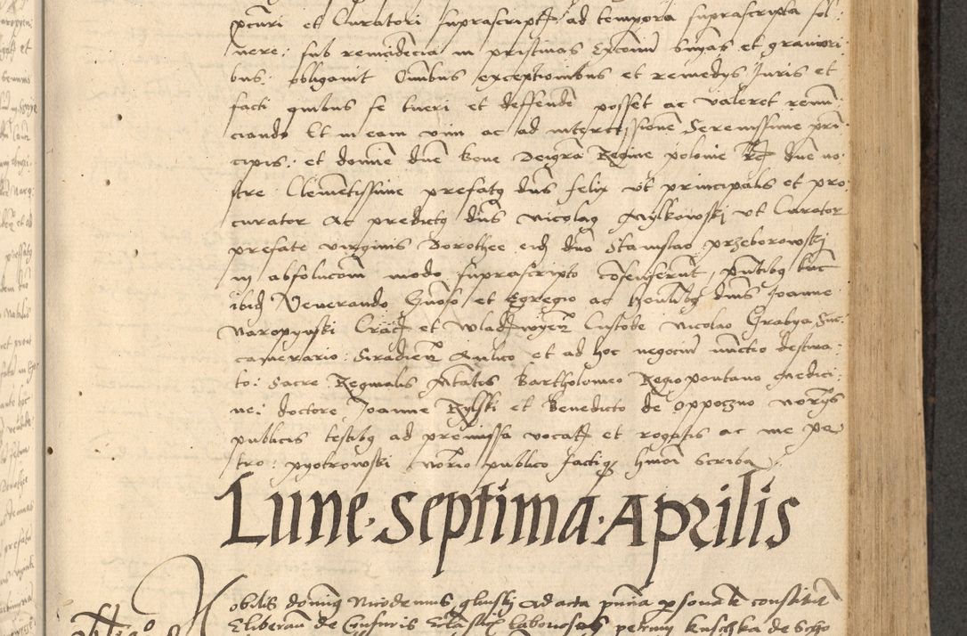 Zdjęcie nr 294 dla obiektu archiwalnego: Acta actorum causarum, sentenciarum et obligationum coram reverendo patre domino Thoma Roznowski canonico et reverendissimi in Christo patris et domini domini Patri Dei gratia Cracoviensis. Sabbato, 26 Octobris in ecclesiam suam solenniter recepti officialis generalis Cracoviensis dinita administratura, qua fungebatur post mortem reverendissimi olim felicis recordationis domini Joannis Choiecki episcopi Cracoviensis et Regni Polonie cancelarii anno presenti currenti videlicet 1538, die 11 Marcii Piotrcovie in comiciis celebratis circiter 23 horam defuncti sepulto corpore nona eiusdemque obsequiis X respective Aprilis peractis electo sub indictione XI, pontificatu vero sanctissimi in Christo patris et domini nostri domini Pauli divina providencia pape tercii foeliciter moderni, anno quarto, incepta felicibus auspiciis continuantur ordine processu infrascripto