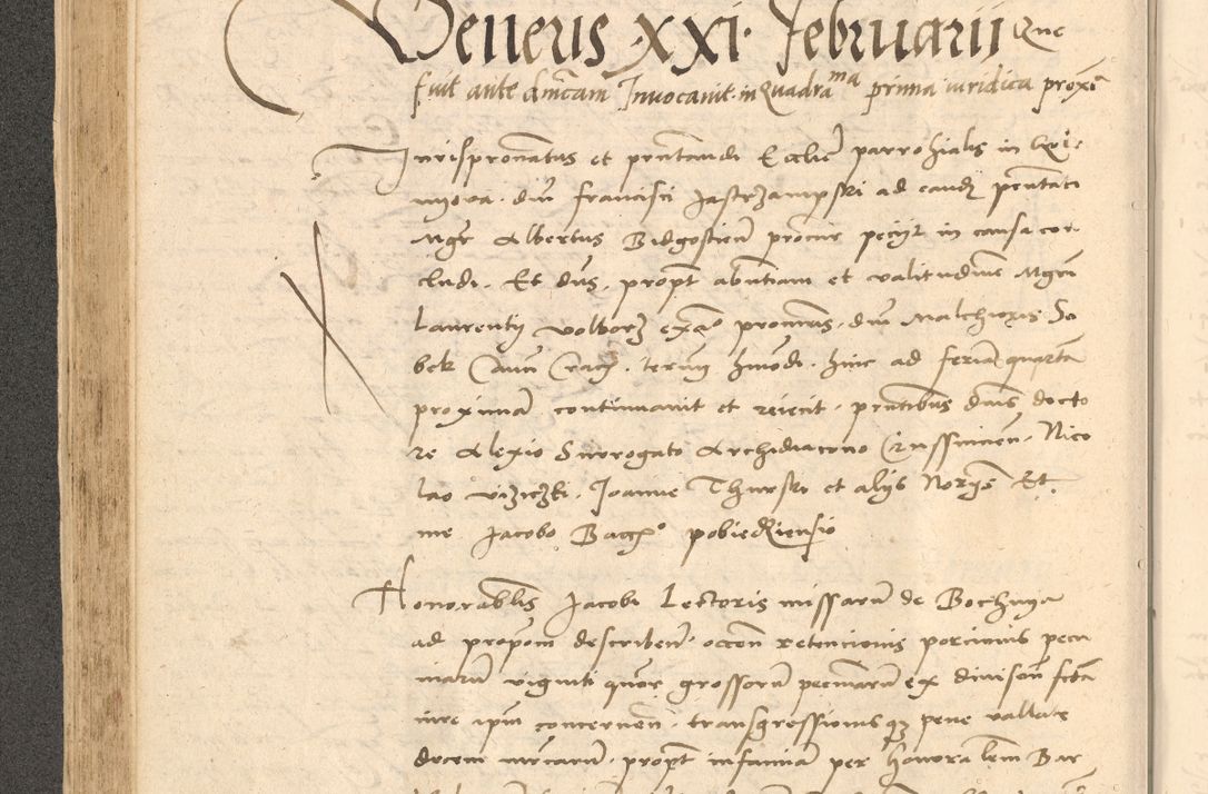 Zdjęcie nr 195 dla obiektu archiwalnego: Acta actorum causarum, sentenciarum et obligationum coram reverendo patre domino Thoma Roznowski canonico et reverendissimi in Christo patris et domini domini Patri Dei gratia Cracoviensis. Sabbato, 26 Octobris in ecclesiam suam solenniter recepti officialis generalis Cracoviensis dinita administratura, qua fungebatur post mortem reverendissimi olim felicis recordationis domini Joannis Choiecki episcopi Cracoviensis et Regni Polonie cancelarii anno presenti currenti videlicet 1538, die 11 Marcii Piotrcovie in comiciis celebratis circiter 23 horam defuncti sepulto corpore nona eiusdemque obsequiis X respective Aprilis peractis electo sub indictione XI, pontificatu vero sanctissimi in Christo patris et domini nostri domini Pauli divina providencia pape tercii foeliciter moderni, anno quarto, incepta felicibus auspiciis continuantur ordine processu infrascripto