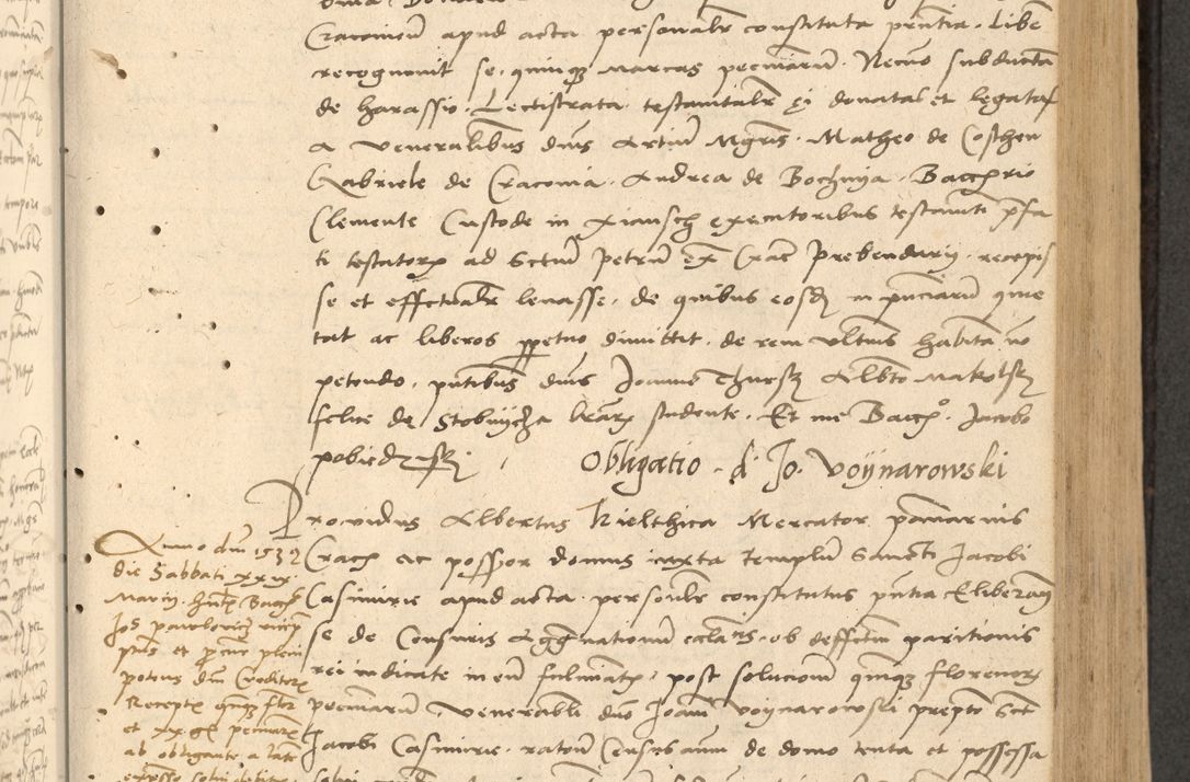 Zdjęcie nr 154 dla obiektu archiwalnego: Acta actorum causarum, sentenciarum et obligationum coram reverendo patre domino Thoma Roznowski canonico et reverendissimi in Christo patris et domini domini Patri Dei gratia Cracoviensis. Sabbato, 26 Octobris in ecclesiam suam solenniter recepti officialis generalis Cracoviensis dinita administratura, qua fungebatur post mortem reverendissimi olim felicis recordationis domini Joannis Choiecki episcopi Cracoviensis et Regni Polonie cancelarii anno presenti currenti videlicet 1538, die 11 Marcii Piotrcovie in comiciis celebratis circiter 23 horam defuncti sepulto corpore nona eiusdemque obsequiis X respective Aprilis peractis electo sub indictione XI, pontificatu vero sanctissimi in Christo patris et domini nostri domini Pauli divina providencia pape tercii foeliciter moderni, anno quarto, incepta felicibus auspiciis continuantur ordine processu infrascripto