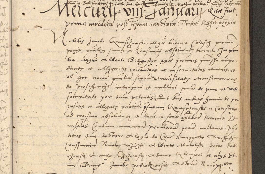 Zdjęcie nr 112 dla obiektu archiwalnego: Acta actorum causarum, sentenciarum et obligationum coram reverendo patre domino Thoma Roznowski canonico et reverendissimi in Christo patris et domini domini Patri Dei gratia Cracoviensis. Sabbato, 26 Octobris in ecclesiam suam solenniter recepti officialis generalis Cracoviensis dinita administratura, qua fungebatur post mortem reverendissimi olim felicis recordationis domini Joannis Choiecki episcopi Cracoviensis et Regni Polonie cancelarii anno presenti currenti videlicet 1538, die 11 Marcii Piotrcovie in comiciis celebratis circiter 23 horam defuncti sepulto corpore nona eiusdemque obsequiis X respective Aprilis peractis electo sub indictione XI, pontificatu vero sanctissimi in Christo patris et domini nostri domini Pauli divina providencia pape tercii foeliciter moderni, anno quarto, incepta felicibus auspiciis continuantur ordine processu infrascripto
