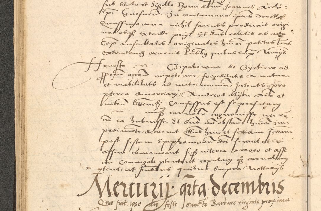 Zdjęcie nr 69 dla obiektu archiwalnego: Acta actorum causarum, sentenciarum et obligationum coram reverendo patre domino Thoma Roznowski canonico et reverendissimi in Christo patris et domini domini Patri Dei gratia Cracoviensis. Sabbato, 26 Octobris in ecclesiam suam solenniter recepti officialis generalis Cracoviensis dinita administratura, qua fungebatur post mortem reverendissimi olim felicis recordationis domini Joannis Choiecki episcopi Cracoviensis et Regni Polonie cancelarii anno presenti currenti videlicet 1538, die 11 Marcii Piotrcovie in comiciis celebratis circiter 23 horam defuncti sepulto corpore nona eiusdemque obsequiis X respective Aprilis peractis electo sub indictione XI, pontificatu vero sanctissimi in Christo patris et domini nostri domini Pauli divina providencia pape tercii foeliciter moderni, anno quarto, incepta felicibus auspiciis continuantur ordine processu infrascripto