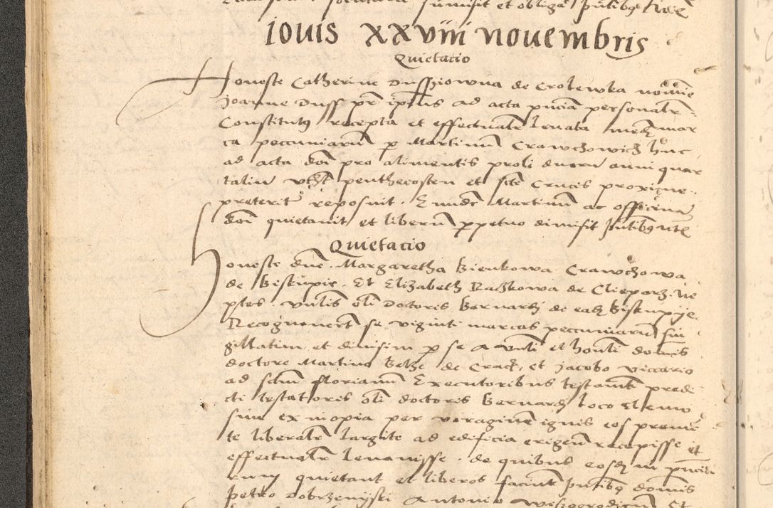 Zdjęcie nr 57 dla obiektu archiwalnego: Acta actorum causarum, sentenciarum et obligationum coram reverendo patre domino Thoma Roznowski canonico et reverendissimi in Christo patris et domini domini Patri Dei gratia Cracoviensis. Sabbato, 26 Octobris in ecclesiam suam solenniter recepti officialis generalis Cracoviensis dinita administratura, qua fungebatur post mortem reverendissimi olim felicis recordationis domini Joannis Choiecki episcopi Cracoviensis et Regni Polonie cancelarii anno presenti currenti videlicet 1538, die 11 Marcii Piotrcovie in comiciis celebratis circiter 23 horam defuncti sepulto corpore nona eiusdemque obsequiis X respective Aprilis peractis electo sub indictione XI, pontificatu vero sanctissimi in Christo patris et domini nostri domini Pauli divina providencia pape tercii foeliciter moderni, anno quarto, incepta felicibus auspiciis continuantur ordine processu infrascripto