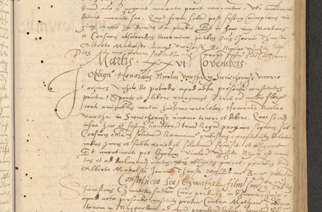 Zdjęcie nr 50 dla obiektu archiwalnego: Acta actorum causarum, sentenciarum et obligationum coram reverendo patre domino Thoma Roznowski canonico et reverendissimi in Christo patris et domini domini Patri Dei gratia Cracoviensis. Sabbato, 26 Octobris in ecclesiam suam solenniter recepti officialis generalis Cracoviensis dinita administratura, qua fungebatur post mortem reverendissimi olim felicis recordationis domini Joannis Choiecki episcopi Cracoviensis et Regni Polonie cancelarii anno presenti currenti videlicet 1538, die 11 Marcii Piotrcovie in comiciis celebratis circiter 23 horam defuncti sepulto corpore nona eiusdemque obsequiis X respective Aprilis peractis electo sub indictione XI, pontificatu vero sanctissimi in Christo patris et domini nostri domini Pauli divina providencia pape tercii foeliciter moderni, anno quarto, incepta felicibus auspiciis continuantur ordine processu infrascripto