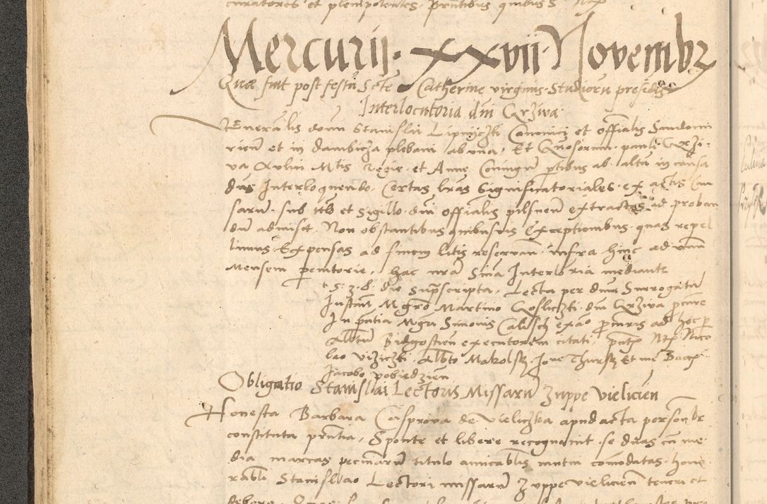 Zdjęcie nr 51 dla obiektu archiwalnego: Acta actorum causarum, sentenciarum et obligationum coram reverendo patre domino Thoma Roznowski canonico et reverendissimi in Christo patris et domini domini Patri Dei gratia Cracoviensis. Sabbato, 26 Octobris in ecclesiam suam solenniter recepti officialis generalis Cracoviensis dinita administratura, qua fungebatur post mortem reverendissimi olim felicis recordationis domini Joannis Choiecki episcopi Cracoviensis et Regni Polonie cancelarii anno presenti currenti videlicet 1538, die 11 Marcii Piotrcovie in comiciis celebratis circiter 23 horam defuncti sepulto corpore nona eiusdemque obsequiis X respective Aprilis peractis electo sub indictione XI, pontificatu vero sanctissimi in Christo patris et domini nostri domini Pauli divina providencia pape tercii foeliciter moderni, anno quarto, incepta felicibus auspiciis continuantur ordine processu infrascripto