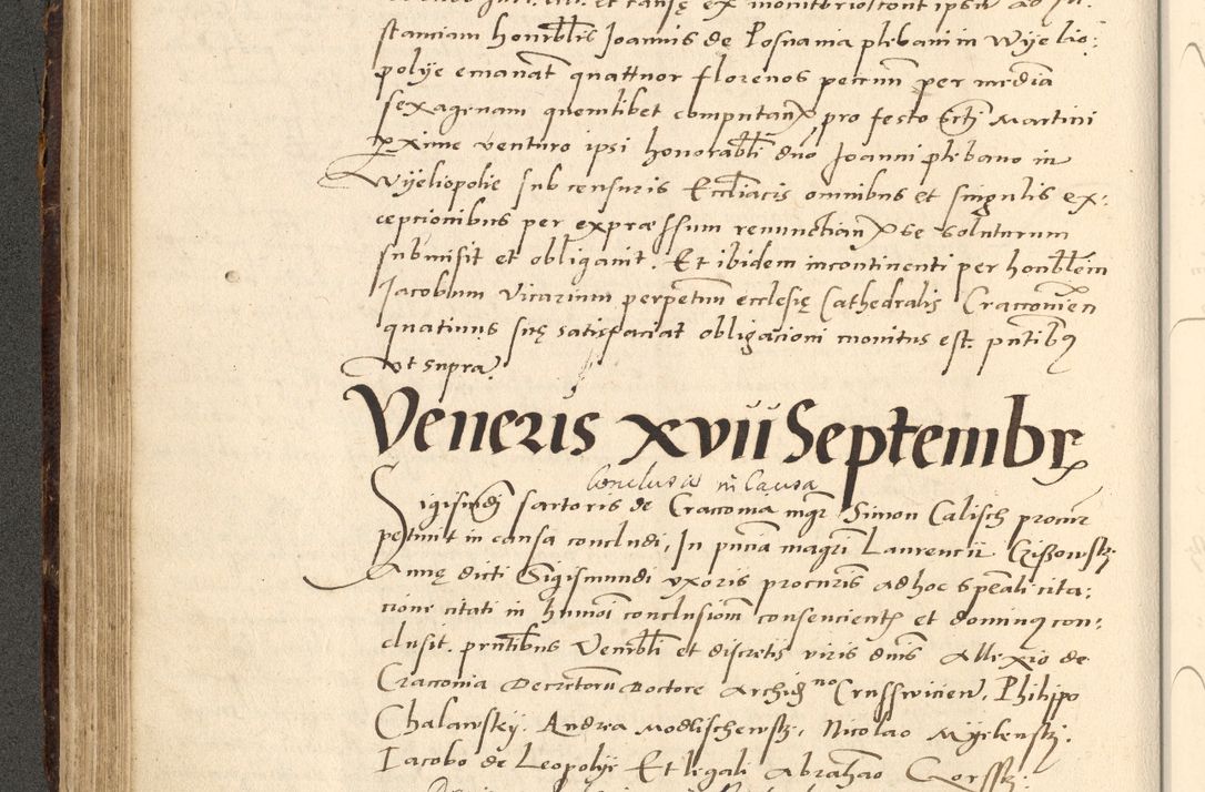 Zdjęcie nr 114 dla obiektu archiwalnego: Acta actorum causarum, sentenciarum et obligationum coram reverendo patre domino Paulo Crassowsky Varschoviensi et Omnium Sanctorum preposito, canonico vicarioque in spiritualibus ex commissione reverendissimi in Christo patris et domini domini Petri Dei gratia episcopi Cracoviensis ac officiali generali Cracoviensi ad annum Domini 1540, cuius indictio est 13, pontificatus sanctissimi in Christo patris et domini nostri domini Pauli divina providencia pape tercii anno sexto a die ac mense infrascriptis feliciter continuantur