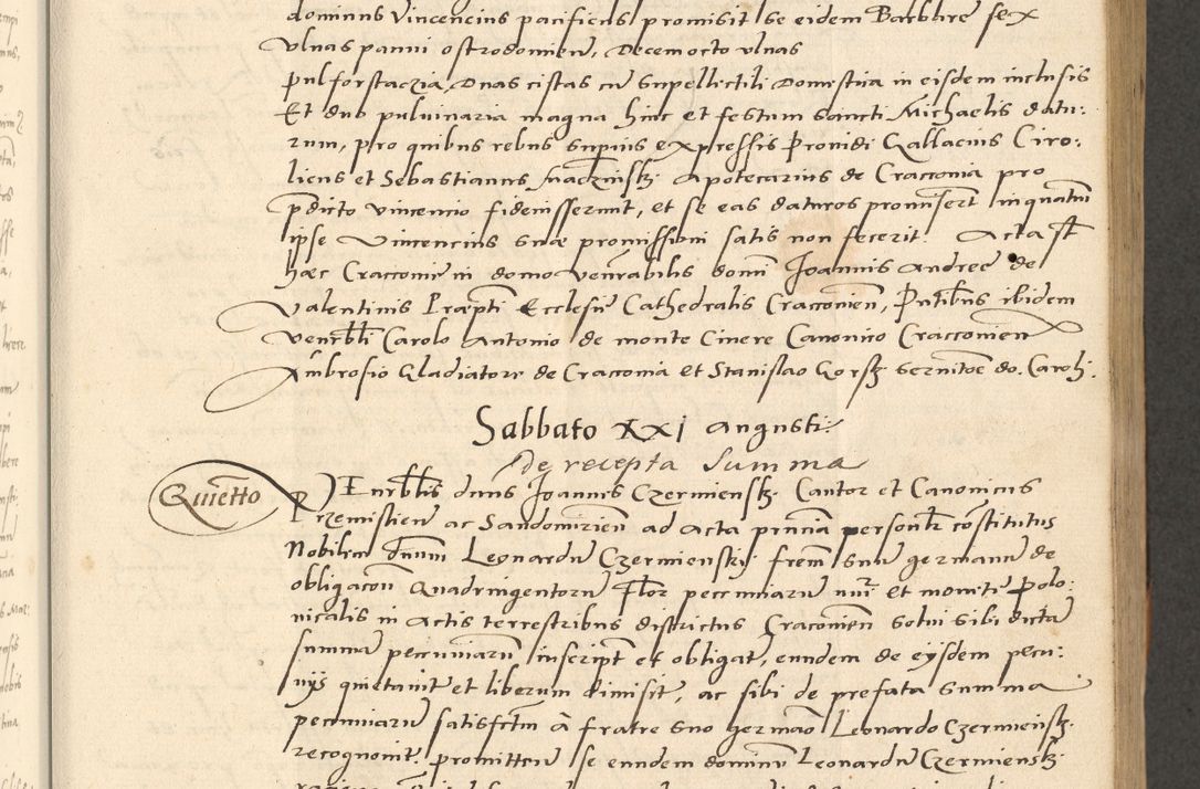 Zdjęcie nr 165 dla obiektu archiwalnego: Acta actorum causarum, sentenciarum et obligationum coram reverendo patre domino Paulo Crassowsky Varschoviensi et Omnium Sanctorum preposito, canonico vicarioque in spiritualibus ex commissione reverendissimi in Christo patris et domini domini Petri Dei gratia episcopi Cracoviensis ac officiali generali Cracoviensi ad annum Domini 1540, cuius indictio est 13, pontificatus sanctissimi in Christo patris et domini nostri domini Pauli divina providencia pape tercii anno sexto a die ac mense infrascriptis feliciter continuantur