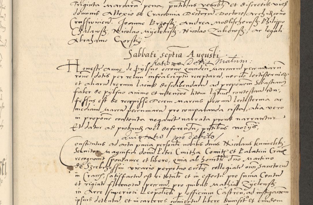 Zdjęcie nr 183 dla obiektu archiwalnego: Acta actorum causarum, sentenciarum et obligationum coram reverendo patre domino Paulo Crassowsky Varschoviensi et Omnium Sanctorum preposito, canonico vicarioque in spiritualibus ex commissione reverendissimi in Christo patris et domini domini Petri Dei gratia episcopi Cracoviensis ac officiali generali Cracoviensi ad annum Domini 1540, cuius indictio est 13, pontificatus sanctissimi in Christo patris et domini nostri domini Pauli divina providencia pape tercii anno sexto a die ac mense infrascriptis feliciter continuantur