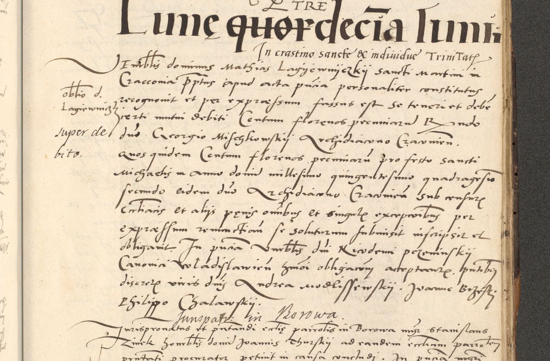 Zdjęcie nr 450 dla obiektu archiwalnego: Acta actorum causarum, sentenciarum et obligationum coram reverendo patre domino Paulo Crassowsky Varschoviensi et Omnium Sanctorum preposito, canonico vicarioque in spiritualibus ex commissione reverendissimi in Christo patris et domini domini Petri Dei gratia episcopi Cracoviensis ac officiali generali Cracoviensi ad annum Domini 1540, cuius indictio est 13, pontificatus sanctissimi in Christo patris et domini nostri domini Pauli divina providencia pape tercii anno sexto a die ac mense infrascriptis feliciter continuantur