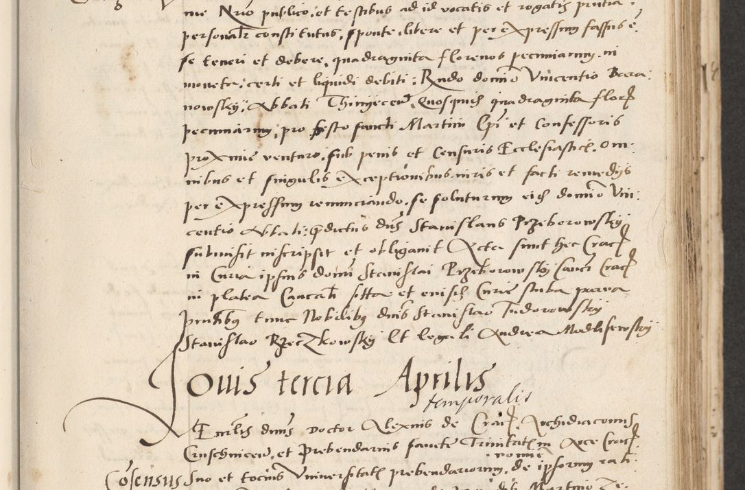 Zdjęcie nr 111 dla obiektu archiwalnego: Acta actorum causarum, sentenciarum et obligacionum coram reverendo patre domino Paulo Crassowsky Warssoviensi et Omnium Sanctorum preposito, canonico et officiali generali Cracoviensi ad annum Domini millesimum quingentesimum quadraresimum quatrum, cuius indicio est secunda pontificatus sanctissimi in Christo patris et domini nostri domini Pauli divina providencia pape tercii anno ipsius decimo, a die ac mense infrascriptis feliciter continuantur