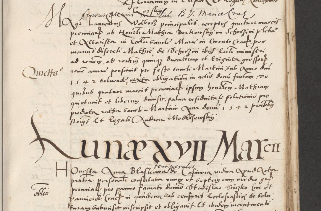 Zdjęcie nr 43 dla obiektu archiwalnego: Acta actorum causarum, sentenciarum et obligacionum coram reverendo patre domino Paulo Crassowsky Warssoviensi et Omnium Sanctorum preposito, canonico et officiali generali Cracoviensi ad annum Domini millesimum quingentesimum quadraresimum quatrum, cuius indicio est secunda pontificatus sanctissimi in Christo patris et domini nostri domini Pauli divina providencia pape tercii anno ipsius decimo, a die ac mense infrascriptis feliciter continuantur