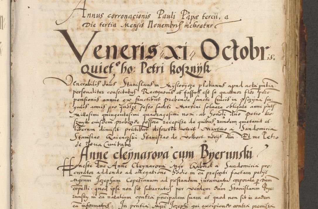 Zdjęcie nr 203 dla obiektu archiwalnego: Acta causarum, obligacionum, sentenciarum tam interlocutoriarum quam diffinitivarum constitutionumque coram reverendo patre domino Petro Porembski canonico et officiali generali Cracoviensi de anno Domini millesimo quingentesimo quadragesimo nono, cuius indictio septima, pontificatus sanctissimi in Christo patris et domini nostri domini Pauli divina providencia tercii, anno ipsius nacionis Pauli pape terciii die tercia mensis Novembris inchoatur