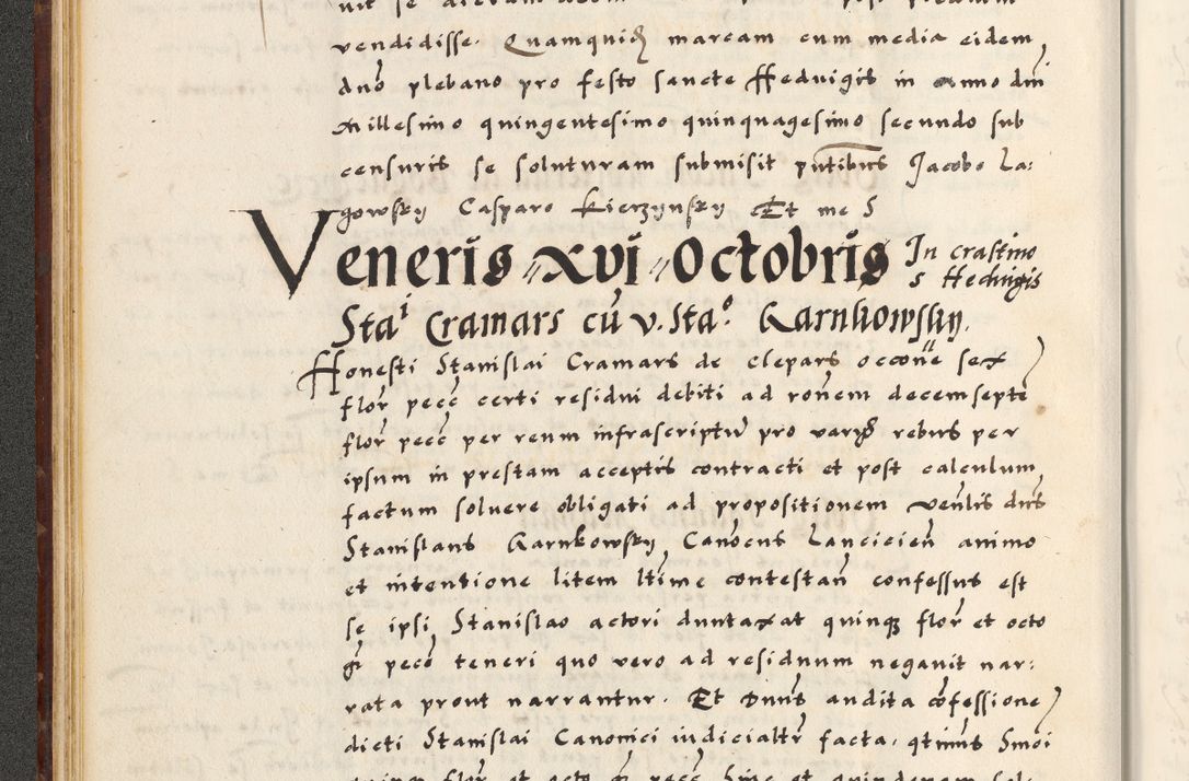 Zdjęcie nr 56 dla obiektu archiwalnego: [A]cta actorum causarum, sententiarum tam diffinitivarum quam interloquutoriarum, obligationum, constitutionum et contractuum coram reverendo patre domino Petro Porembski preposito Osvieczimensi, canonico et officiali generali Cracoviensi de anno Domini millesimo quingentesimo quinguagesimo primo, cuius indictio est nona, pontificatus sanctissimi in Christo patris et domini nostri domini Juliii divina providencia pape tercii, anno secundo, a die et mense infrascriptis feliciter continiantur