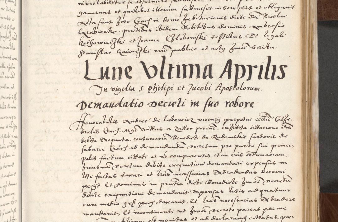 Zdjęcie nr 73 dla obiektu archiwalnego: Acta actorum causarum, sententiarum tam diffinitivarum quam interlocutoriam, obligationum, constitutionum, contractuum etc. coram reverendo patre domino Petro Porembski preposito Oswieczimensi, canonico et officiali Cracoviensi de anno Domini millesimo DºLº quarto, indictione duodecima, pontificatus sanctissimi in Christo patris et domini nostri domini Julii divina providencia papae eius nominis tercii, anno quarto, a die et mense infrasciptis continuantur