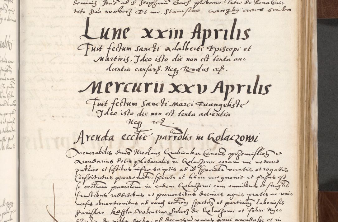 Zdjęcie nr 63 dla obiektu archiwalnego: Acta actorum causarum, sententiarum tam diffinitivarum quam interlocutoriam, obligationum, constitutionum, contractuum etc. coram reverendo patre domino Petro Porembski preposito Oswieczimensi, canonico et officiali Cracoviensi de anno Domini millesimo DºLº quarto, indictione duodecima, pontificatus sanctissimi in Christo patris et domini nostri domini Julii divina providencia papae eius nominis tercii, anno quarto, a die et mense infrasciptis continuantur