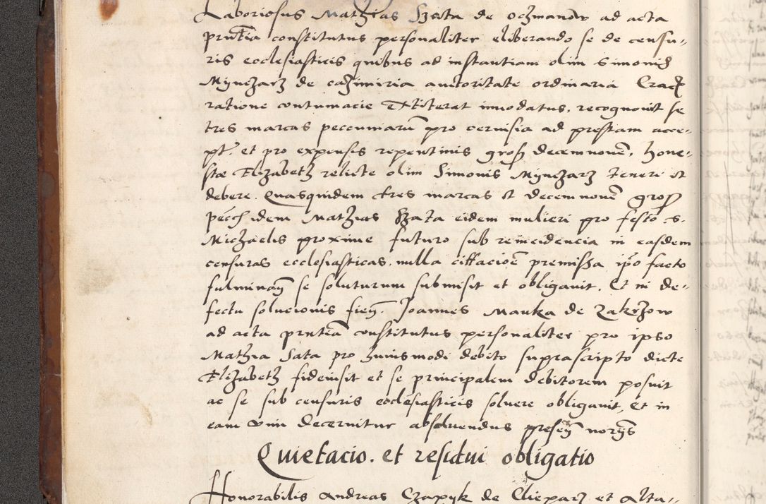 Zdjęcie nr 14 dla obiektu archiwalnego: Acta actorum causarum, sententiarum tam diffinitivarum quam interlocutoriam, obligationum, constitutionum, contractuum etc. coram reverendo patre domino Petro Porembski preposito Oswieczimensi, canonico et officiali Cracoviensi de anno Domini millesimo DºLº quarto, indictione duodecima, pontificatus sanctissimi in Christo patris et domini nostri domini Julii divina providencia papae eius nominis tercii, anno quarto, a die et mense infrasciptis continuantur
