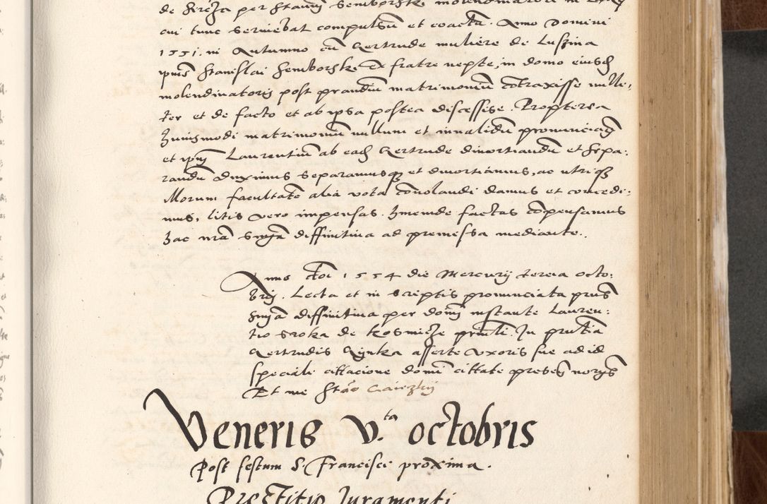 Zdjęcie nr 277 dla obiektu archiwalnego: Acta actorum causarum, sententiarum tam diffinitivarum quam interlocutoriam, obligationum, constitutionum, contractuum etc. coram reverendo patre domino Petro Porembski preposito Oswieczimensi, canonico et officiali Cracoviensi de anno Domini millesimo DºLº quarto, indictione duodecima, pontificatus sanctissimi in Christo patris et domini nostri domini Julii divina providencia papae eius nominis tercii, anno quarto, a die et mense infrasciptis continuantur
