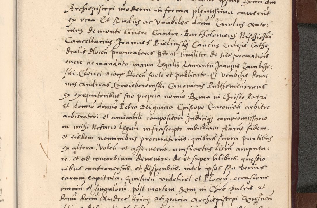 Zdjęcie nr 393 dla obiektu archiwalnego: Acta actorum causarum, sententiarum tam diffinitivarum quam interlocutoriarum et obligationum, quietationum ac constitutionum procuratorum coram reverendo domino Petro Mischkowsky Gneznensi et Cracoviensi canonico vicarique in spiritualibus Cracoviensi generali ad annum Domini MDLᵐᵘᵐ, cuius indicio est octava, pontificatus post mortem sanctissimi in Christo patris et domini nostri domini Pauli divina providencia pape III anno XVIᵐᵒ defuncti vacante, Regni vero serennissimi principis et domini Sigismundi Augusti Dei gratia Regis Poloniae, Magni Ducis Litwaniae, Russie, Prussie, Mazowie etc. domini et haeredis, anno XXIᵒ foeliciter continuantur