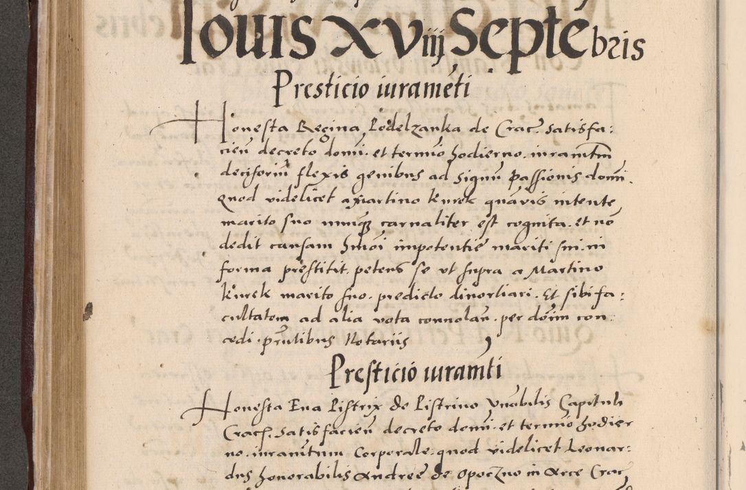 Zdjęcie nr 360 dla obiektu archiwalnego: Acta actorum causarum, sententiarum tam diffinitivarum quam interlocutoriarum et obligationum, quietationum ac constitutionum procuratorum coram reverendo domino Petro Mischkowsky Gneznensi et Cracoviensi canonico vicarique in spiritualibus Cracoviensi generali ad annum Domini MDLᵐᵘᵐ, cuius indicio est octava, pontificatus post mortem sanctissimi in Christo patris et domini nostri domini Pauli divina providencia pape III anno XVIᵐᵒ defuncti vacante, Regni vero serennissimi principis et domini Sigismundi Augusti Dei gratia Regis Poloniae, Magni Ducis Litwaniae, Russie, Prussie, Mazowie etc. domini et haeredis, anno XXIᵒ foeliciter continuantur