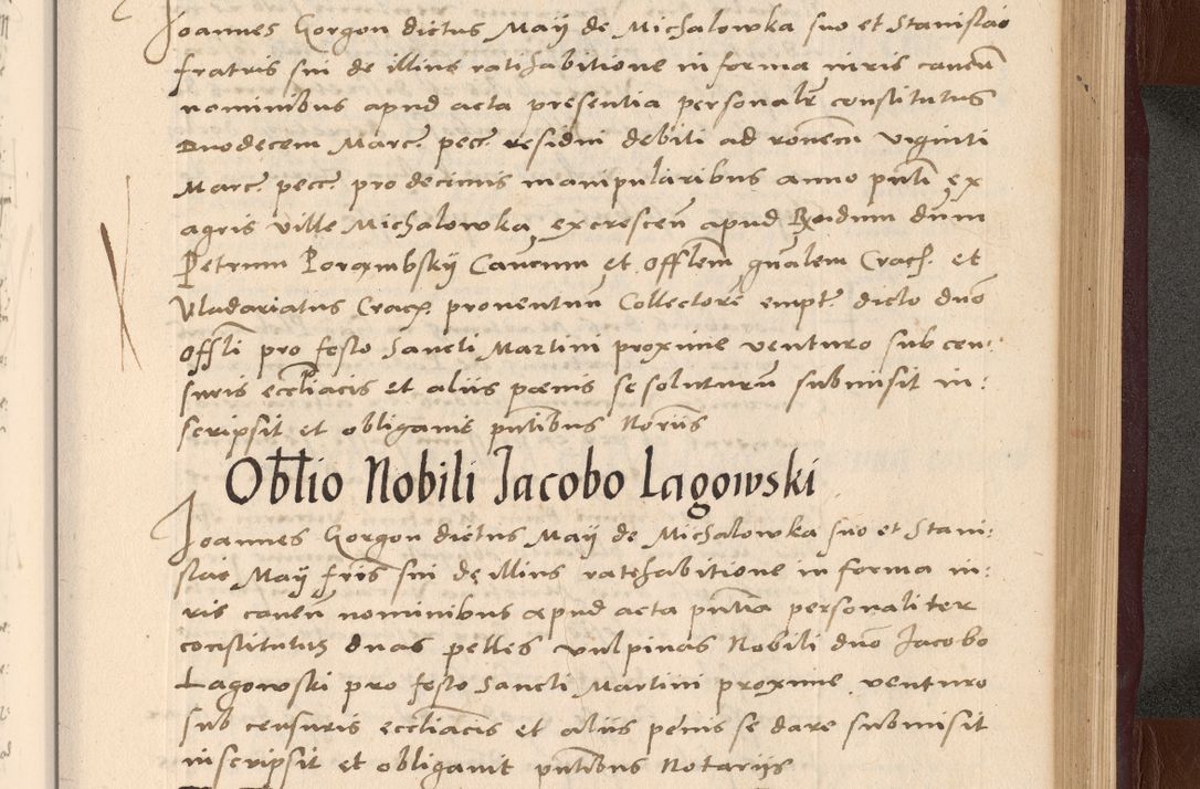 Zdjęcie nr 223 dla obiektu archiwalnego: Acta actorum causarum, sententiarum tam diffinitivarum quam interlocutoriarum et obligationum, quietationum ac constitutionum procuratorum coram reverendo domino Petro Mischkowsky Gneznensi et Cracoviensi canonico vicarique in spiritualibus Cracoviensi generali ad annum Domini MDLᵐᵘᵐ, cuius indicio est octava, pontificatus post mortem sanctissimi in Christo patris et domini nostri domini Pauli divina providencia pape III anno XVIᵐᵒ defuncti vacante, Regni vero serennissimi principis et domini Sigismundi Augusti Dei gratia Regis Poloniae, Magni Ducis Litwaniae, Russie, Prussie, Mazowie etc. domini et haeredis, anno XXIᵒ foeliciter continuantur