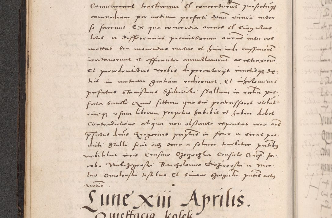 Zdjęcie nr 44 dla obiektu archiwalnego: Acta actorum causarum, sententiarum tam diffinitivarum quam interloquutoriarum, decretorum, obligationum, quietationum et constitutionum procuratorum coram reverendo domino Stanislao Schlomovski praeposito Calissiensi, archidiacono Sandecensi, canonico vicarioque in spiritualibus generali Cracocoviensi ad annum Domini millesimum quingentesimum quinquagesimum sextum, cuius indicatio quatuor decima, pontificatus sanctissimi in Christo patris domini Pauli divina providencia pape quarti anno ipsius