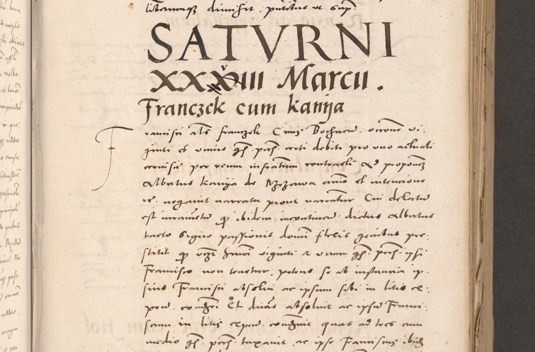 Zdjęcie nr 27 dla obiektu archiwalnego: Acta actorum causarum, sententiarum tam diffinitivarum quam interloquutoriarum, decretorum, obligationum, quietationum et constitutionum procuratorum coram reverendo domino Stanislao Schlomovski praeposito Calissiensi, archidiacono Sandecensi, canonico vicarioque in spiritualibus generali Cracocoviensi ad annum Domini millesimum quingentesimum quinquagesimum sextum, cuius indicatio quatuor decima, pontificatus sanctissimi in Christo patris domini Pauli divina providencia pape quarti anno ipsius