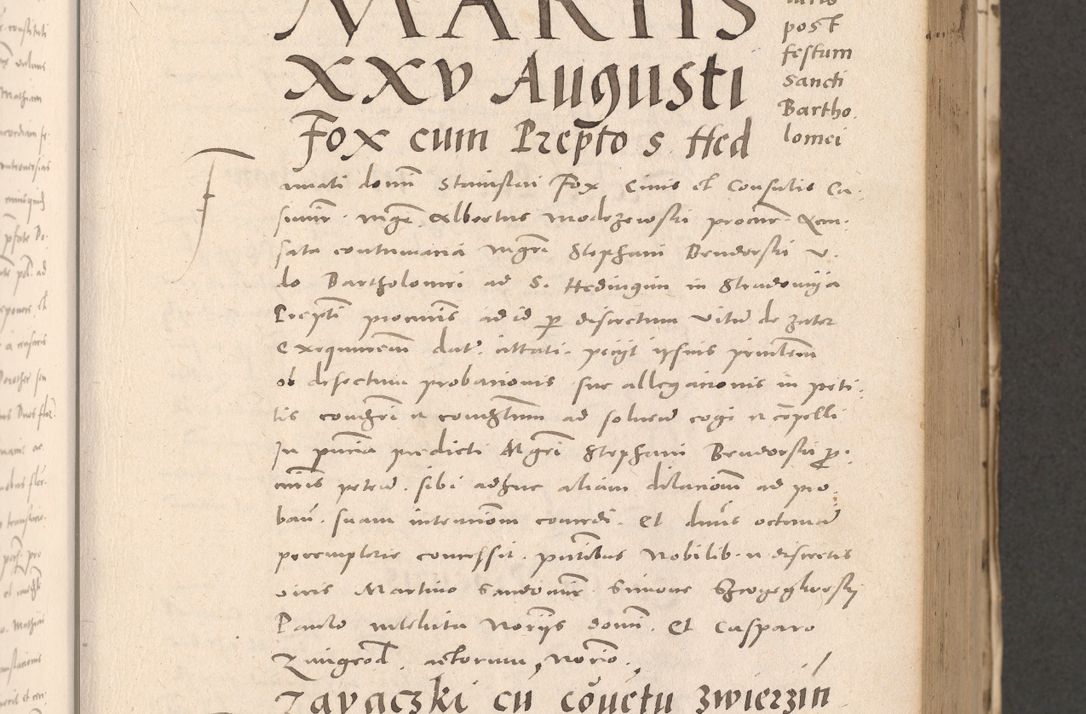 Zdjęcie nr 297 dla obiektu archiwalnego: Acta actorum causarum, sententiarum tam diffinitivarum quam interloquutoriarum, decretorum, obligationum, quietationum et constitutionum procuratorum coram reverendo domino Stanislao Schlomovski praeposito Calissiensi, archidiacono Sandecensi, canonico vicarioque in spiritualibus generali Cracocoviensi ad annum Domini millesimum quingentesimum quinquagesimum sextum, cuius indicatio quatuor decima, pontificatus sanctissimi in Christo patris domini Pauli divina providencia pape quarti anno ipsius