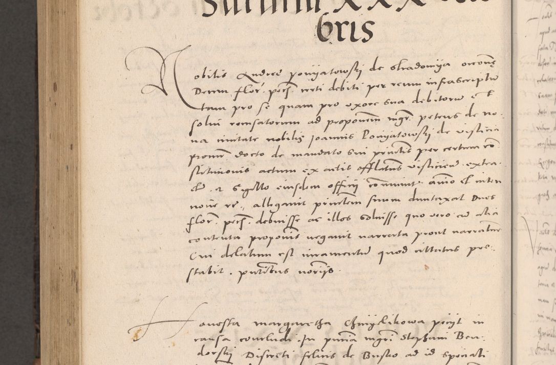 Zdjęcie nr 1030 dla obiektu archiwalnego: Acta actorum causarum, sententiarum tam diffinitivarum quam interloquutoriarum, decretorum, obligationum, quietationum et constitutionum procuratorum coram reverendo domino Stanislao Schlomovski praeposito Calissiensi, archidiacono Sandecensi, canonico vicarioque in spiritualibus generali Cracocoviensi ad annum Domini millesimum quingentesimum quinquagesimum sextum, cuius indicatio quatuor decima, pontificatus sanctissimi in Christo patris domini Pauli divina providencia pape quarti anno ipsius