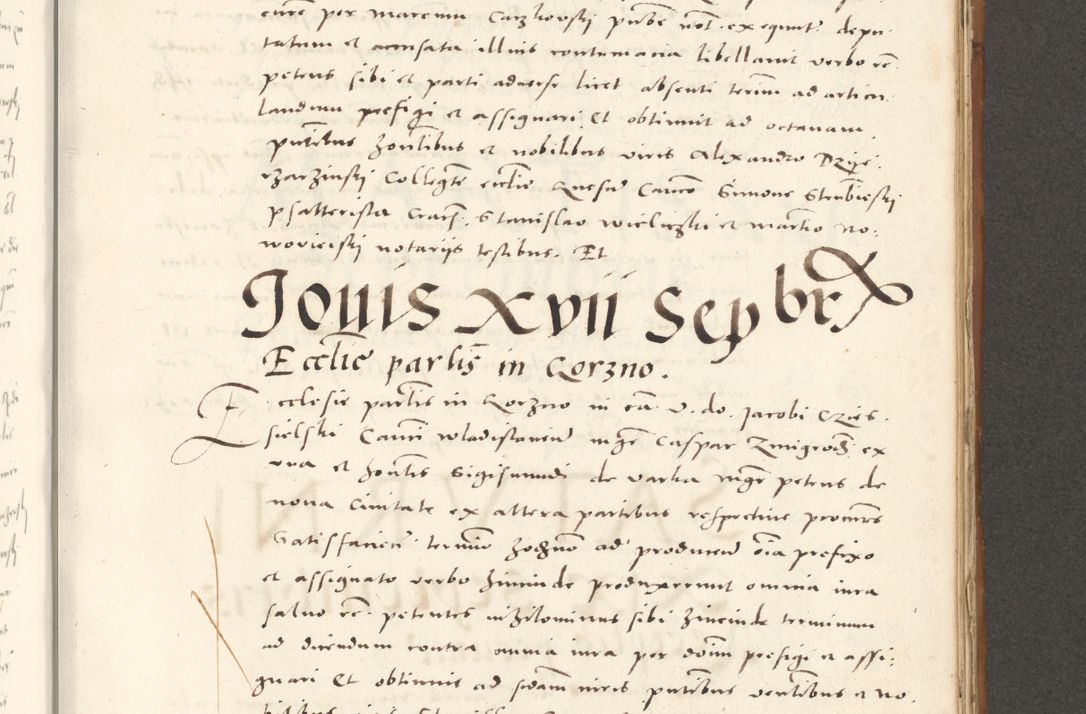 Zdjęcie nr 734 dla obiektu archiwalnego: Acta actorum, sententiarum tam diffinitivarum quam interloquutoriarum, decretorum, obligationum, quietationum et constitutionum procuratorum coram reverendo domino Andrea Przeczlauski scholastico vicarioque in spiritualibus generali Cracoviensi, ad annum Domini millesimum quingentesimum sexagesimum primum, cuius inditio quarta, pontidicatus Pii quarti, annus secundus, poeliciter sequuntur