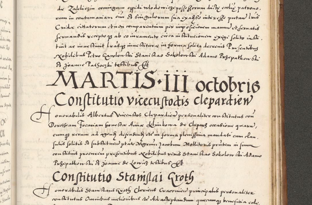 Zdjęcie nr 1122 dla obiektu archiwalnego: Acta actorum, sententiarum tam diffinitivarum quam interloquutoriarum, decretorum, obligationum, quietationum et constitutionum procuratorum coram reverendo domino Andrea Przeczlauski scholastico vicarioque in spiritualibus generali Cracoviensi, ad annum Domini millesimum quingentesimum sexagesimum primum, cuius inditio quarta, pontidicatus Pii quarti, annus secundus, poeliciter sequuntur