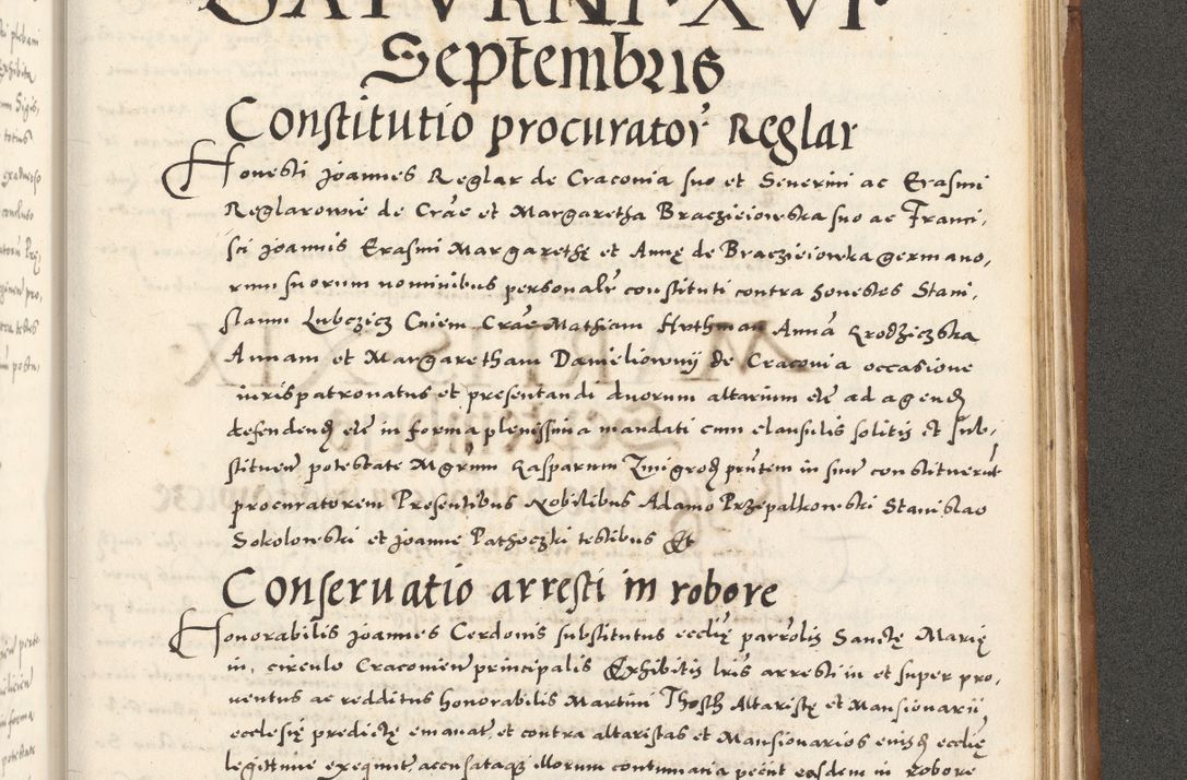 Zdjęcie nr 1118 dla obiektu archiwalnego: Acta actorum, sententiarum tam diffinitivarum quam interloquutoriarum, decretorum, obligationum, quietationum et constitutionum procuratorum coram reverendo domino Andrea Przeczlauski scholastico vicarioque in spiritualibus generali Cracoviensi, ad annum Domini millesimum quingentesimum sexagesimum primum, cuius inditio quarta, pontidicatus Pii quarti, annus secundus, poeliciter sequuntur