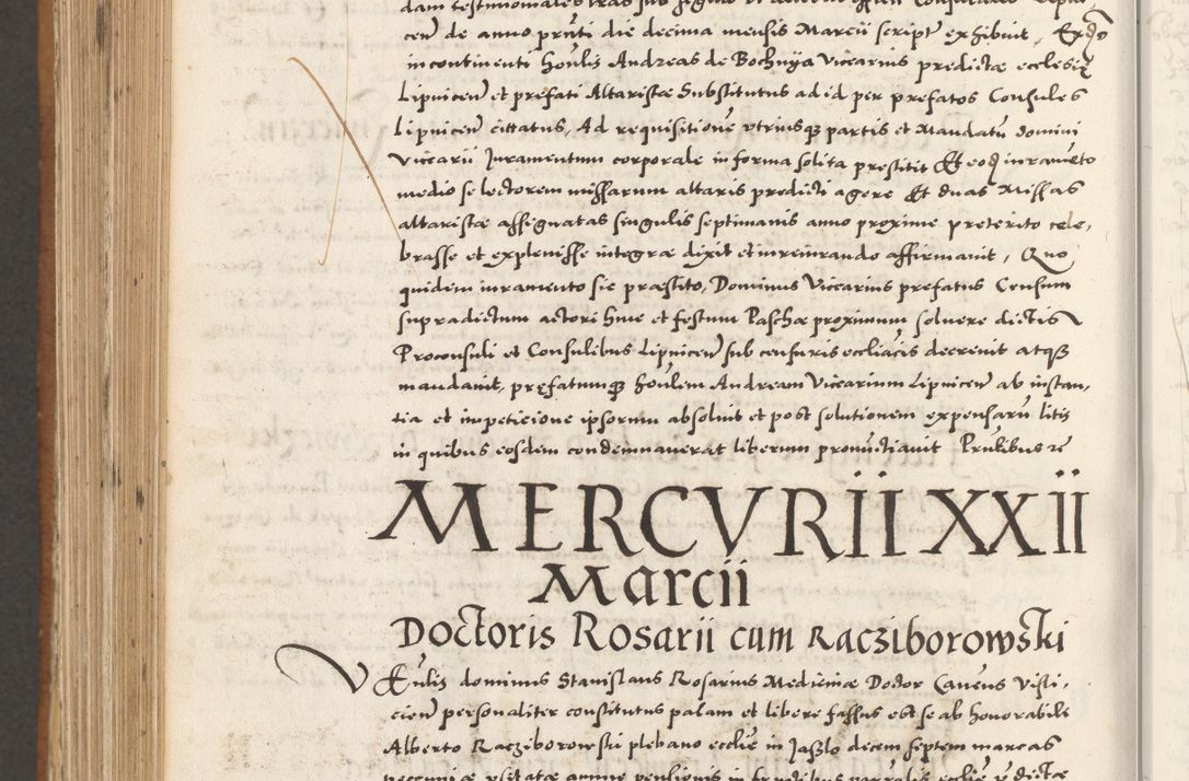 Zdjęcie nr 1045 dla obiektu archiwalnego: Acta actorum, sententiarum tam diffinitivarum quam interloquutoriarum, decretorum, obligationum, quietationum et constitutionum procuratorum coram reverendo domino Andrea Przeczlauski scholastico vicarioque in spiritualibus generali Cracoviensi, ad annum Domini millesimum quingentesimum sexagesimum primum, cuius inditio quarta, pontidicatus Pii quarti, annus secundus, poeliciter sequuntur