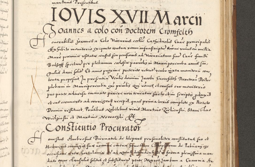 Zdjęcie nr 1042 dla obiektu archiwalnego: Acta actorum, sententiarum tam diffinitivarum quam interloquutoriarum, decretorum, obligationum, quietationum et constitutionum procuratorum coram reverendo domino Andrea Przeczlauski scholastico vicarioque in spiritualibus generali Cracoviensi, ad annum Domini millesimum quingentesimum sexagesimum primum, cuius inditio quarta, pontidicatus Pii quarti, annus secundus, poeliciter sequuntur