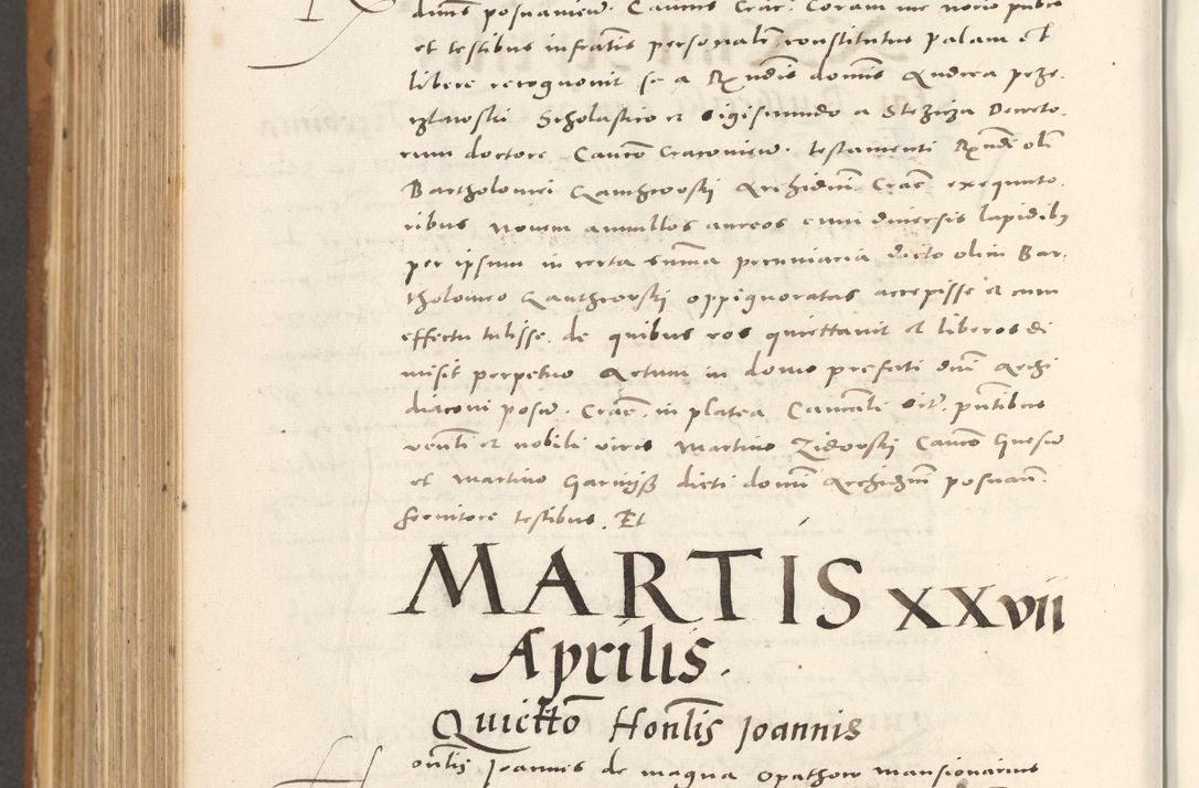 Zdjęcie nr 877 dla obiektu archiwalnego: Acta actorum, sententiarum tam diffinitivarum quam interloquutoriarum, decretorum, obligationum, quietationum et constitutionum procuratorum coram reverendo domino Andrea Przeczlauski scholastico vicarioque in spiritualibus generali Cracoviensi, ad annum Domini millesimum quingentesimum sexagesimum primum, cuius inditio quarta, pontidicatus Pii quarti, annus secundus, poeliciter sequuntur