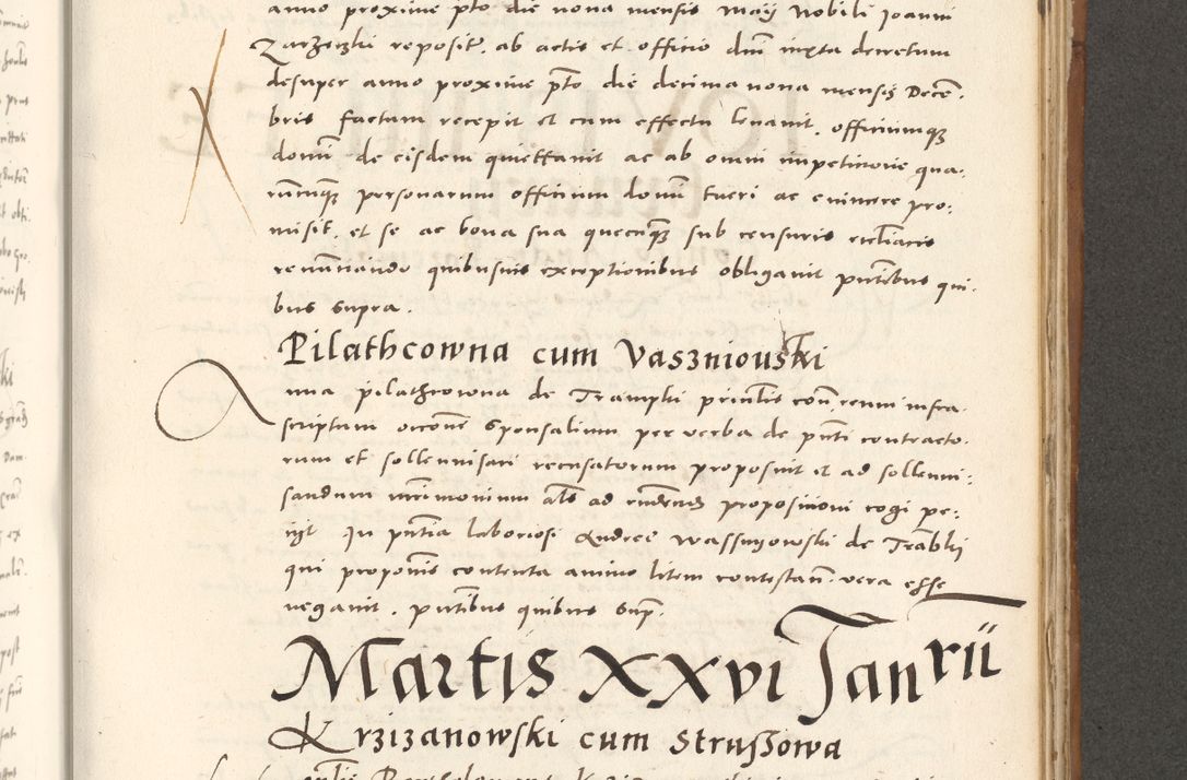 Zdjęcie nr 828 dla obiektu archiwalnego: Acta actorum, sententiarum tam diffinitivarum quam interloquutoriarum, decretorum, obligationum, quietationum et constitutionum procuratorum coram reverendo domino Andrea Przeczlauski scholastico vicarioque in spiritualibus generali Cracoviensi, ad annum Domini millesimum quingentesimum sexagesimum primum, cuius inditio quarta, pontidicatus Pii quarti, annus secundus, poeliciter sequuntur