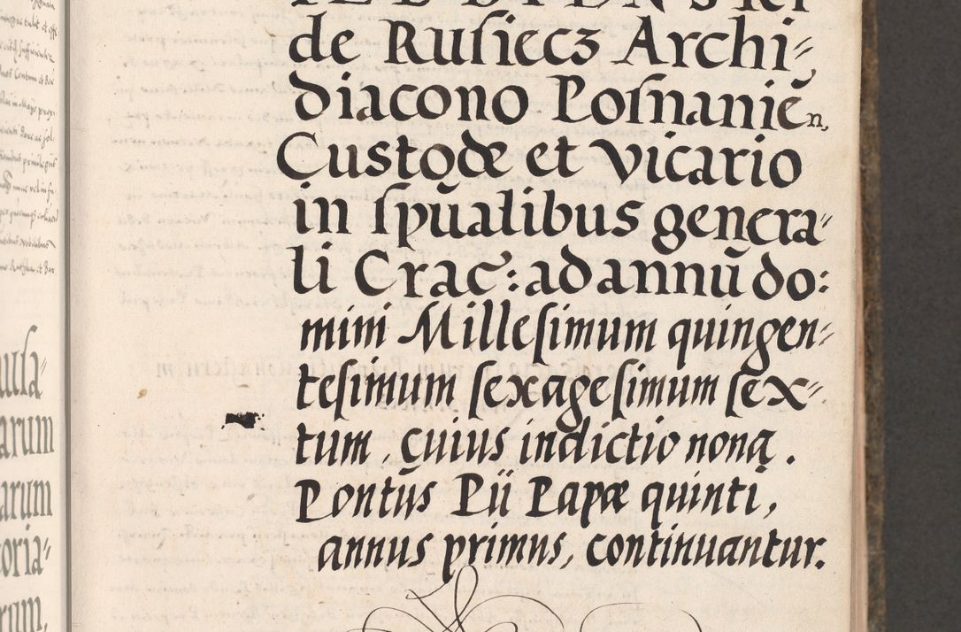 Zdjęcie nr 105 dla obiektu archiwalnego: Acta actorum causarum, sententiarum tam diffinitivarum quam interloquutoriarum, decretorum, obligationum, quietationum, constitutionum procuratorum etc. coram reverendo domino Martino Izdbienski de Russiecz archidiacono Posnaniensi, custode et in spiritualibus vicario generali Cracoviensi, ad annum Domini millesimum quingesimum sexagesimum quintum, cuius indictio octava, pontificatus Pii pape, annus sextus, continuantur