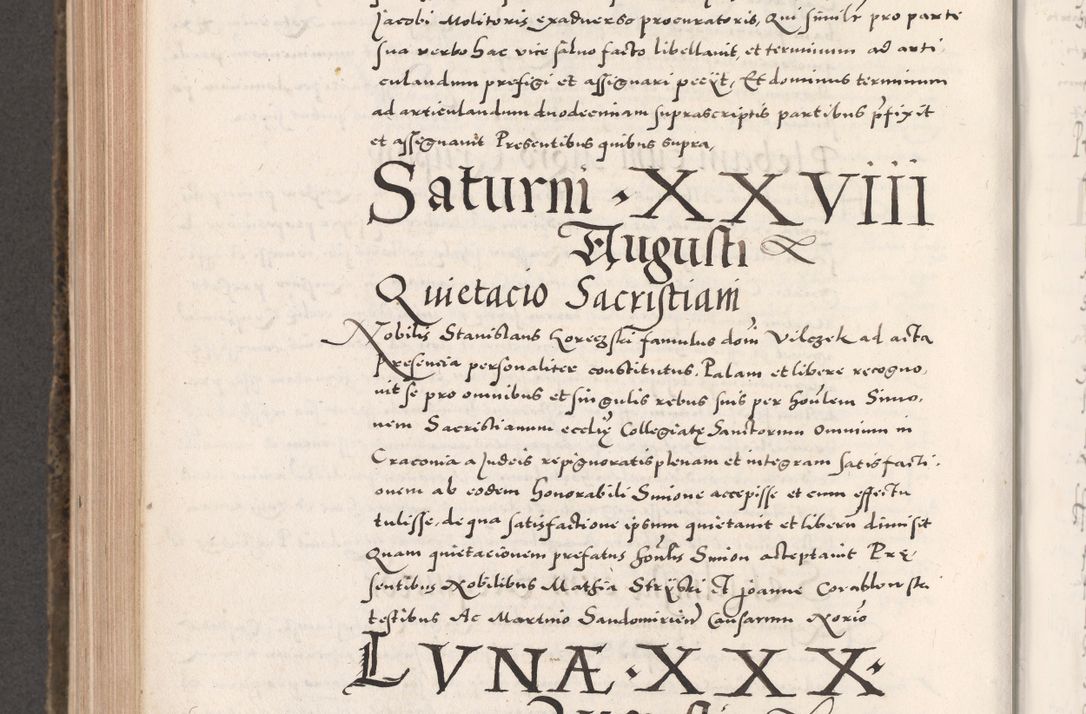 Zdjęcie nr 764 dla obiektu archiwalnego: Acta actorum causarum, sententiarum tam diffinitivarum quam interloquutoriarum, decretorum, obligationum, quietationum, constitutionum procuratorum etc. coram reverendo domino Martino Izdbienski de Russiecz archidiacono Posnaniensi, custode et in spiritualibus vicario generali Cracoviensi, ad annum Domini millesimum quingesimum sexagesimum quintum, cuius indictio octava, pontificatus Pii pape, annus sextus, continuantur