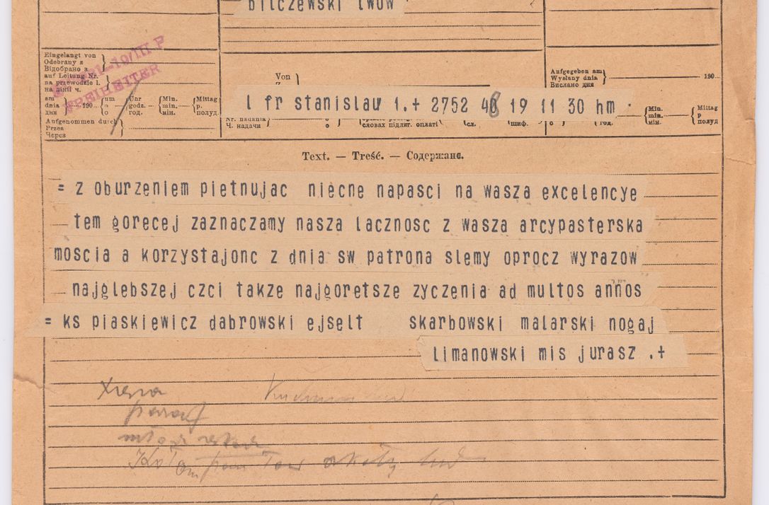 Zdjęcie nr 250 dla obiektu archiwalnego: Listy kierowane do Józefa Bilczewskiego w roku 1906