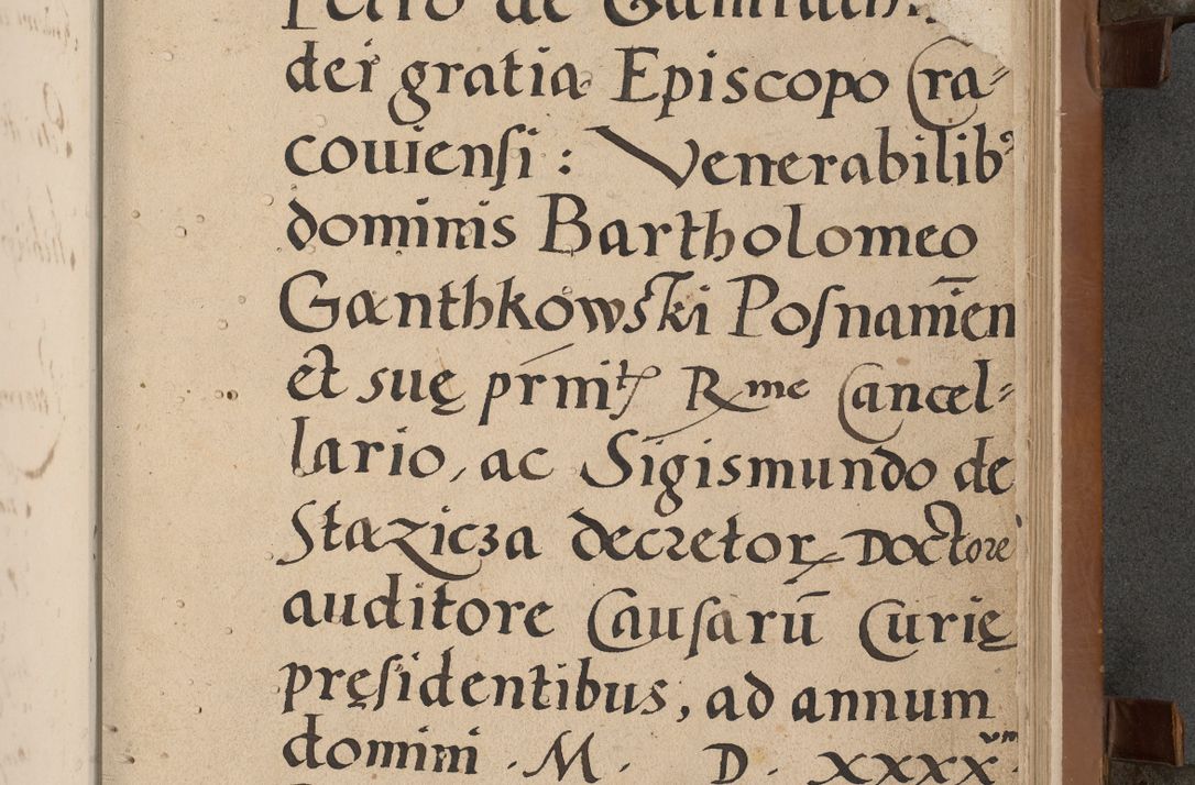 Zdjęcie nr 9 dla obiektu archiwalnego: Acta attestationum seu depositionum testium coram R. D. Petro de Gamratis, episcopo Cracoviensi, V. D. Bartholomaeo Gantkowski, Posnaniensi et Suae Paternitatis Rev. cancellario ac Sigismundo de Stazicza, decretorum doctore, auditore causarum curiae episcopalis praesidentibus ad a. D. 1540 et 1541, per me Bartholomaeum Ravensem, utraquw auctoriate notarium publicum et coram Sua Paternitatr Rev. causarum scriba feliciter inchoatum.