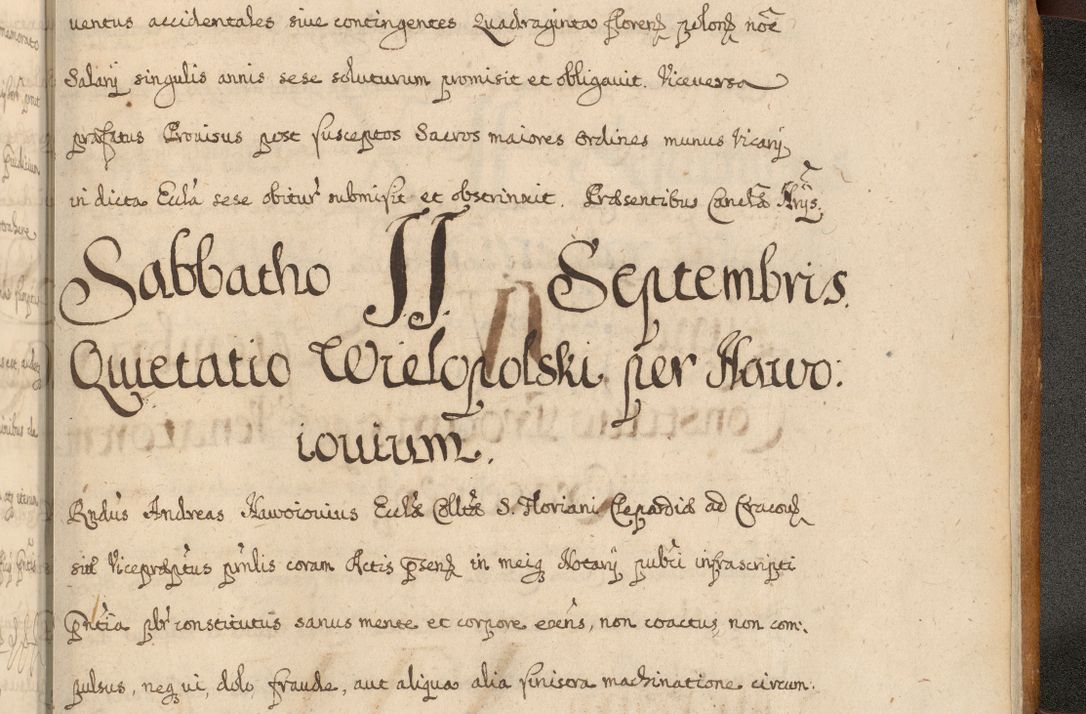 Zdjęcie nr 1082 dla obiektu archiwalnego: Volumen II actorum episcopalium R. D. Petri Gembicki, episcopi Cracoviensis, locum tenente in dioecesi R. D. Alberto Lipnicki, canonico Cracoviensi post discessum R. D. Episcopi in Italiam et usque ad redditum eiusdem in Poloniam, videlicet a die 16 Novembris 1644 et per a. D. 1645 inchoative ad Septembrem. Horum videatur index ad finem huius voluminis