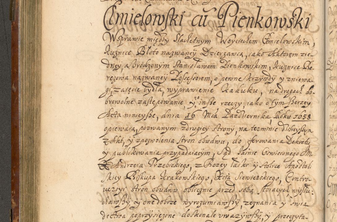 Zdjęcie nr 219 dla obiektu archiwalnego: Acta actorum, decretorum, sententiarum, erectionum, fundationum, confirmationum, instiutionum, resignationum, constitutionum, provisionum, submissionum, quietationum, substitutionum, ordinationum, ingrossationum, prostestationum R. D. Andreae Trzebicki, episcopi Cracoviensis, ducis Severiae in a. D. 1658 et  1659 acticatorum. Volumen I 