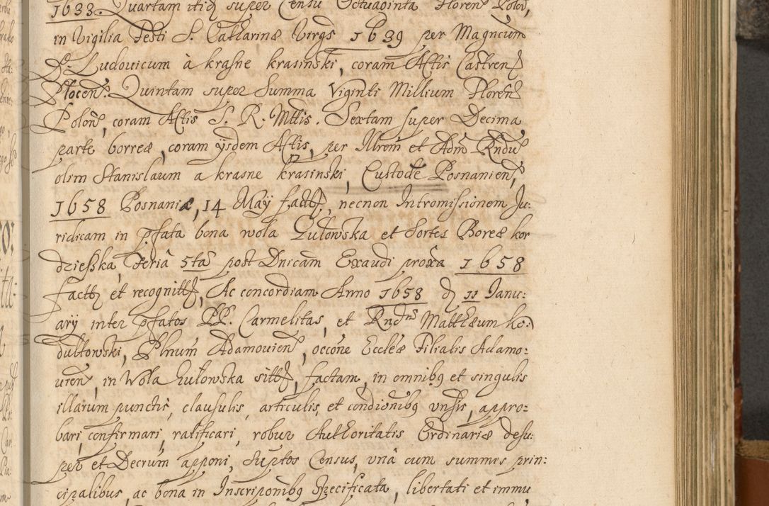 Zdjęcie nr 446 dla obiektu archiwalnego: Acta actorum, decretorum, sententiarum, erectionum, fundationum, confirmationum, instiutionum, resignationum, constitutionum, provisionum, submissionum, quietationum, substitutionum, ordinationum, ingrossationum, prostestationum R. D. Andreae Trzebicki, episcopi Cracoviensis, ducis Severiae in a. D. 1658 et  1659 acticatorum. Volumen I 