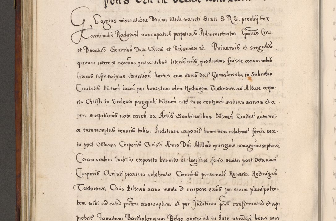 Zdjęcie nr 599 dla obiektu archiwalnego: Acta actorum, obligationum, erectionum, decretorum, rovisionum, instutionum, confirmationum caeterarumque causarum et negotiorum ad forum spirituale pertinentium coram R. D. Georgio S. R. E. Cardinali presbytero Radziwiłł nuncupato, perpetuo administratore episcopatus Cracoviensis et Ducatus Severiensis, duce in Olika et Nieśież, Sacrique Romani Imperii principe ab anno 1597 ad annum 1600 diem 12 Februarii inclusive, etiam sub ansentia eius Cracoviae acticatorum.