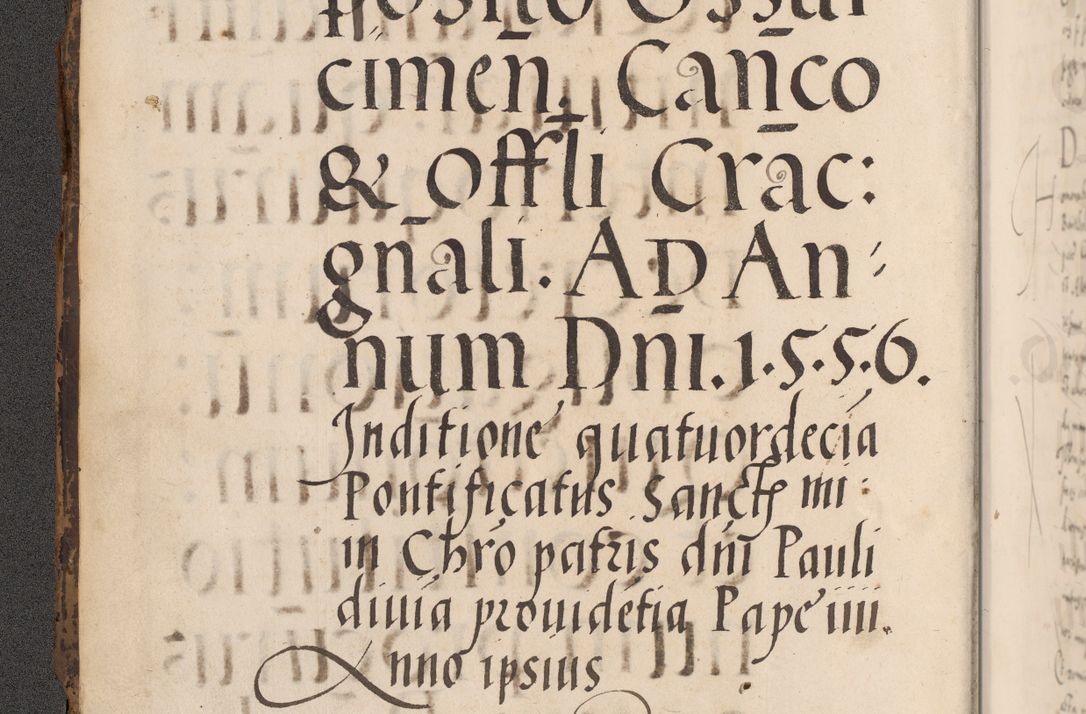 Zdjęcie nr 8 dla obiektu archiwalnego: Acta actorum causarum, sentenciarum diffinitivarum quam interloquutiorum, decretorum, obligationum, quietationum et constitutionum procuratorum coram reverndo domino Petri Porembski preposito Ossviencimensi, canonico et officiali Cracoviensi generali ad annum Dimini 1556, inditione quatuor decima, pontificatus sanctissimi in Christo patris domini Pauli divina providencia pape IIII anno ispius.