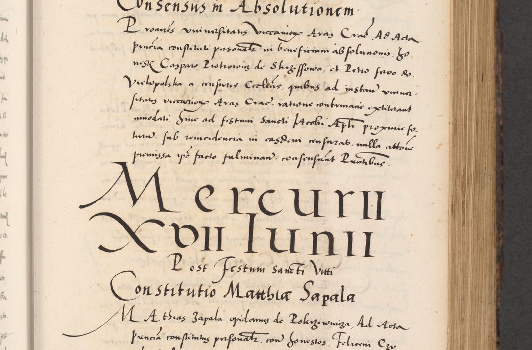 Zdjęcie nr 161 dla obiektu archiwalnego: Acta actorum causarum, sentenciarum diffinitivarum quam interloquutiorum, decretorum, obligationum, quietationum et constitutionum procuratorum coram reverndo domino Petri Porembski preposito Ossviencimensi, canonico et officiali Cracoviensi generali ad annum Dimini 1556, inditione quatuor decima, pontificatus sanctissimi in Christo patris domini Pauli divina providencia pape IIII anno ispius.
