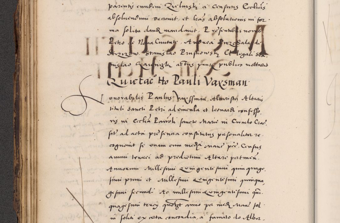Zdjęcie nr 100 dla obiektu archiwalnego: Acta actorum causarum, sentenciarum diffinitivarum quam interloquutiorum, decretorum, obligationum, quietationum et constitutionum procuratorum coram reverndo domino Petri Porembski preposito Ossviencimensi, canonico et officiali Cracoviensi generali ad annum Dimini 1556, inditione quatuor decima, pontificatus sanctissimi in Christo patris domini Pauli divina providencia pape IIII anno ispius.