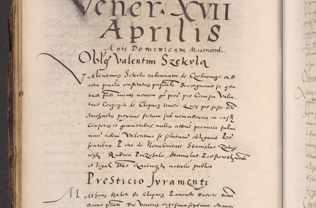 Zdjęcie nr 58 dla obiektu archiwalnego: Acta actorum causarum, sentenciarum diffinitivarum quam interloquutiorum, decretorum, obligationum, quietationum et constitutionum procuratorum coram reverndo domino Petri Porembski preposito Ossviencimensi, canonico et officiali Cracoviensi generali ad annum Dimini 1556, inditione quatuor decima, pontificatus sanctissimi in Christo patris domini Pauli divina providencia pape IIII anno ispius.